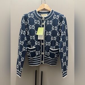 Gucci Navy Blue GG Jacquard Knit Cardigan